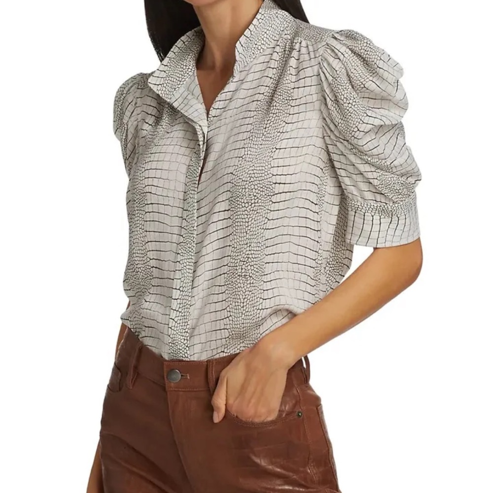Frame Denim White Textured Puff-Sleeve Blouse